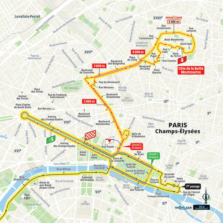Die Champs-Élysées sind immer noch die Bühne für den Zieleinlauf, vom Montmartre aber in eine Nebenrolle gedrängt / Karte: ASO