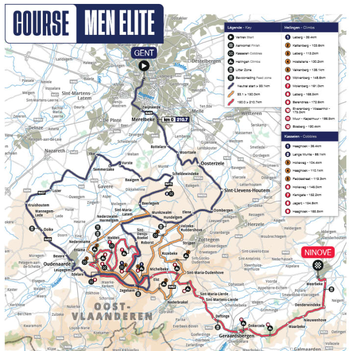 Die Strecke des Omloop het Nieuwsblad der Männer 2024 auf der Karte