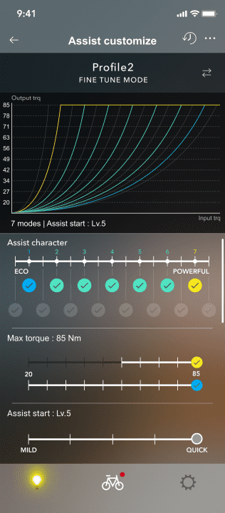 The Fine Tune mode in the E-Tube Project Cyclist app offers individualised adjustment of up to 15 support levels.