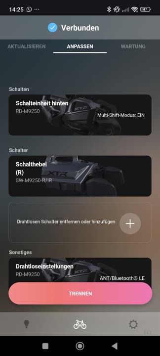 The E-Tube app shows available components, but these cannot be saved individually. The connection must be disconnected manually, otherwise the XTR Di2 remains in pairing mode