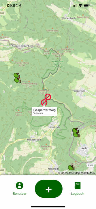   Die ReportATree-App arbeitet mit OpenStreetMaps-Karten. Darin kann man sich übersichtlich für seine Umgebung die gemeldeten Fälle ansehen und bei der Tourenplanung berücksichtigen.