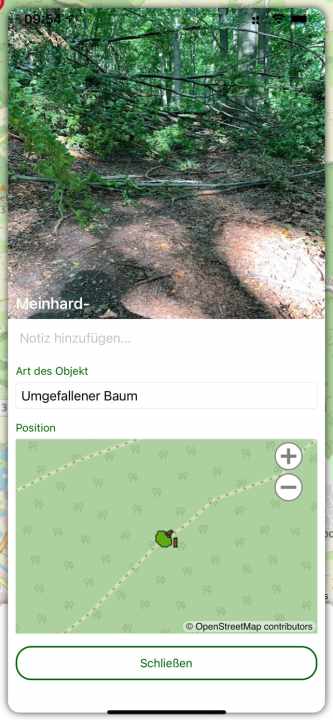   Mit einem kurzen Eintrag und einer GPS-Markierung in der Karte kann man umgestürzte Bäume oder Waldarbeiten melden.