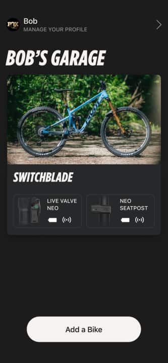 The Fox Bike App dashboard provides an overview of bikes with Live Valve Neo components.