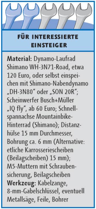   Randonneur-Beleuchtung: Kosten etwa 200 Euro, Bauzeit ab 10 Minuten 