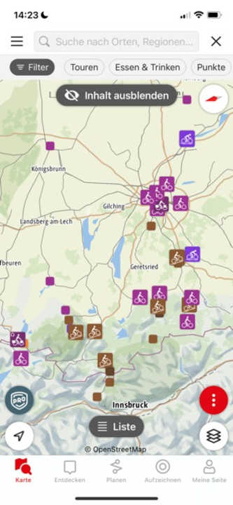 Le portail des tours est également disponible pour les déplacements. L'application DK Rad Touren propose des cartes interactives et bien plus encore. | Capture d'écran : App DK Rad Tours