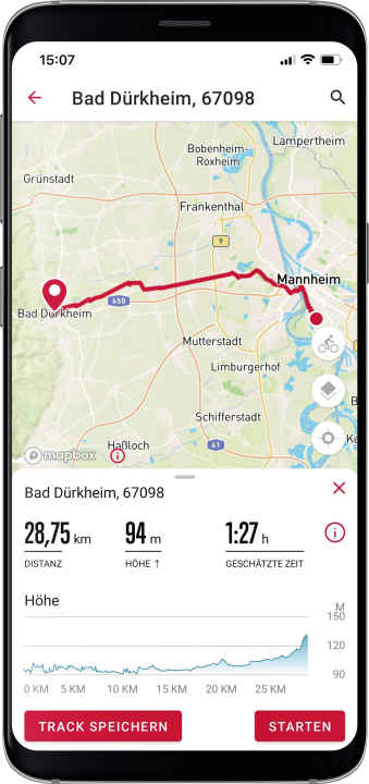 App update: Routes can be planned and saved before the ride. Whether on the bike computer or in the smartphone app.
