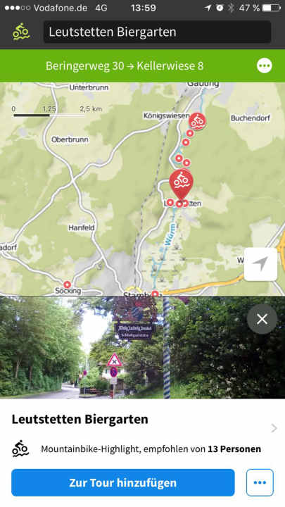   Routing-Funktion z. B. in den nächsten Biergarten. Es empfiehlt sich aber, die ausgerechnete Route auf der Karte zu kontrollieren.