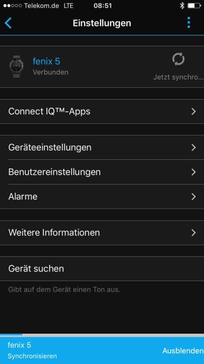   Über die Garmin Connect App kann man die fenix 5 einfach konfigurieren. Auch das Auslesen der Daten und des Trainings erleichtert die App. Smartphone und Uhr koppeln sich selbstständig, sobald Bluetooth eingeschaltet ist.