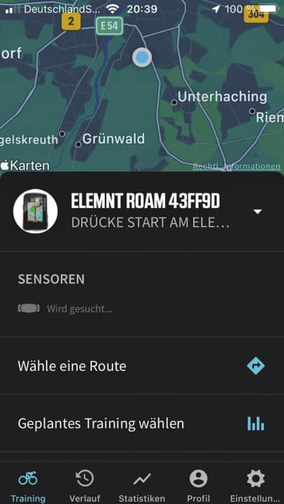 Seule l'application de Wahoo ouvre toutes les fonctions : Carte des environs avec gestion des itinéraires et des entraînements.