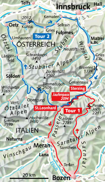   Tour 1 ist die Strecke des Ötztaler Radmarathons, Tour 2 führt von Sterzing hinauf auf den Jaufen.