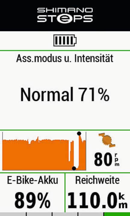 The special Shimano Steps page displays the e-bike data in the Garmin Edge.