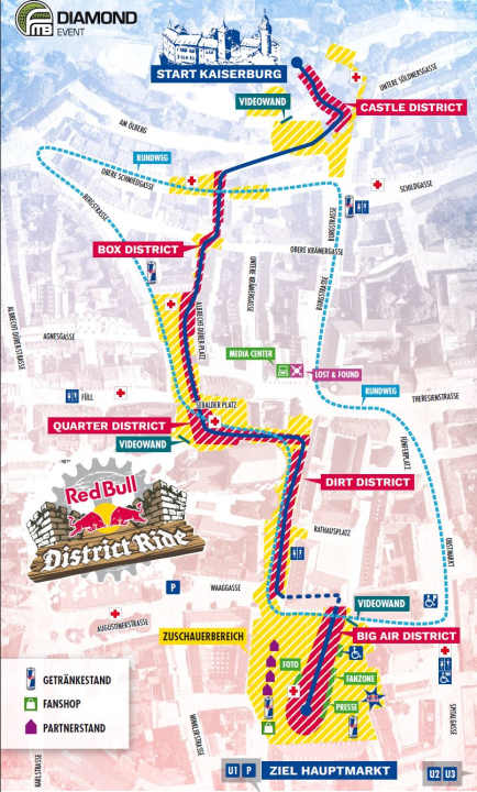 The overview map of the Red Bull District Ride in Nuremberg's Old Town.