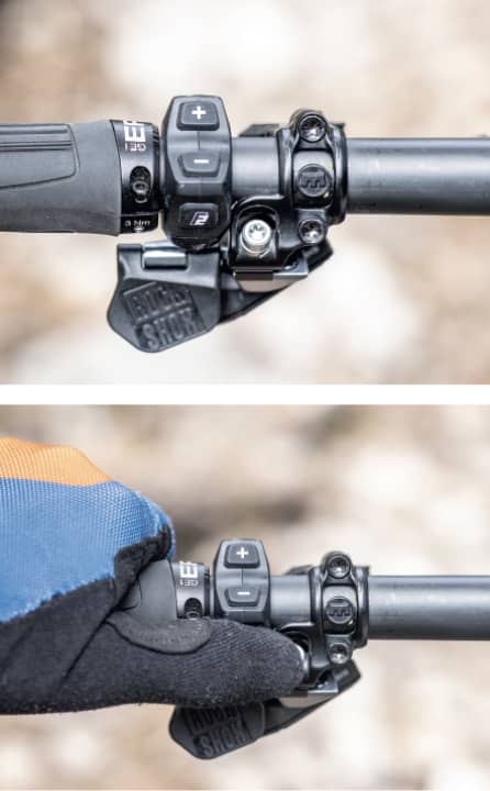 Bei Specialized E-Bikes wird die Schiebehilfe mit nur einem Knopfdruck aktiviert. Dieser sitzt beim Turbo Levo unter der Bedieneinheit, die man aus ergonomischen Gründen weit nach oben drehen muss.