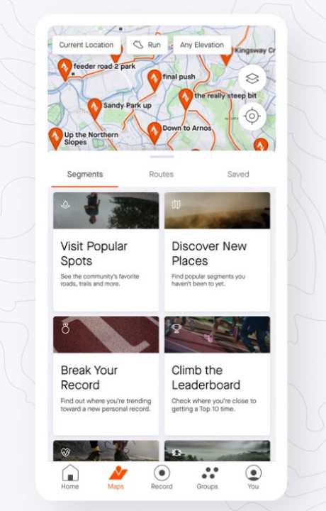   The idea of performance is also reflected in the route suggestions: "Break your record" takes you to segments where you have a good chance of setting a new personal record. You can also select a route based on segments where you are close to achieving a top 10 position in the leaderboard.