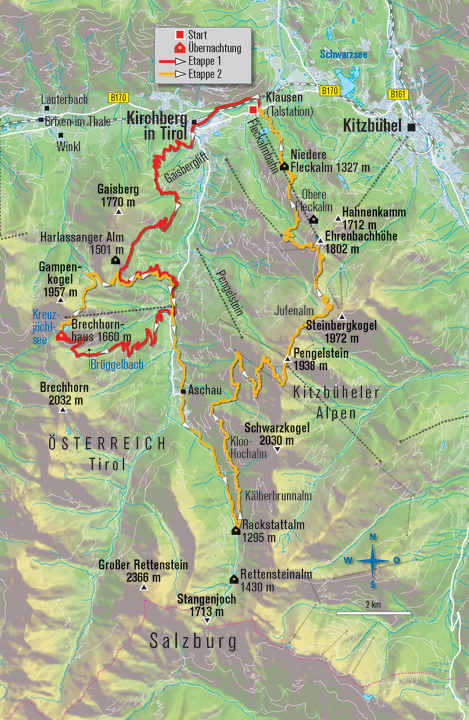   Hier die zwei Etappen der Hütten-Tour rund um Kirchberg in der Karte eingezeichnet.