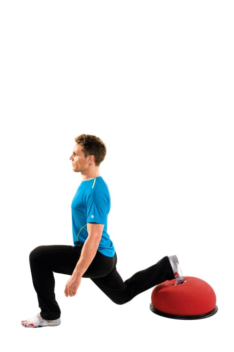   Lunge with support: 2. lower your pelvis until your left thigh is parallel to the ground. Return to the starting position. Do 20 repetitions and three sets with each leg. Make sure that your knee does not move over your toes as you bend.