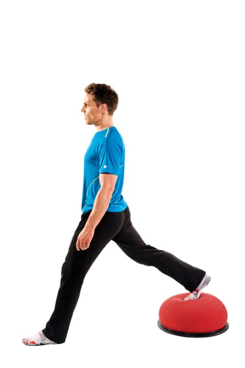   Lunge with pad: 1. stand at least two stride lengths away from the jumper. Place your right foot on the device. Keep your upper body straight.