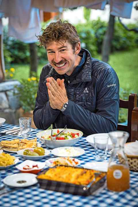 Unicycle pro Gerald Rosenkranz enjoys the delicious food at Guest House Sabriu.