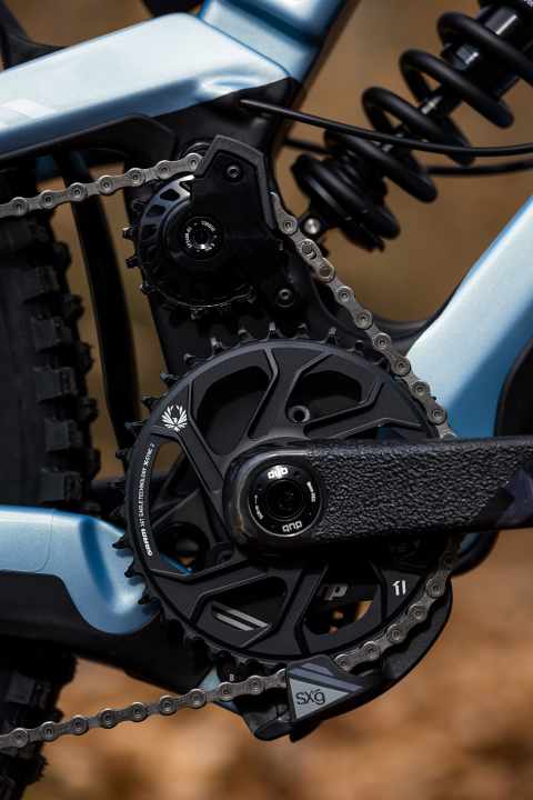 Good to see: Chain deflection around the high pivot point. Here at the <a href="https://www.bike-magazin.de/fahrraeder/mountainbike/downhill-bikes-freeride-bikes/canyon-sender-cfr-downhill-bike-mit-high-pivot-federung-grip-monster/" target="_blank" rel="noopener noreferrer">Canyon transmitter</a>.