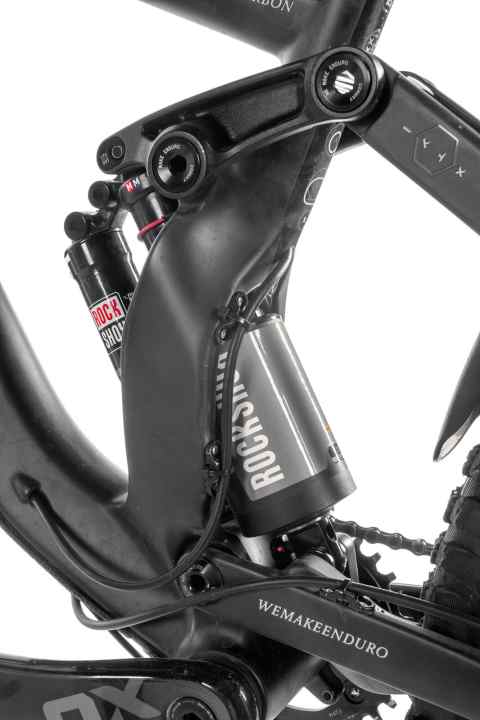   Big thing: The voluminous Vivid shock gives the Conway a plush rear end with up to 170 millimetres of travel. A mini carbon fibre plate reduces the dirt bombardment from the rear wheel.  