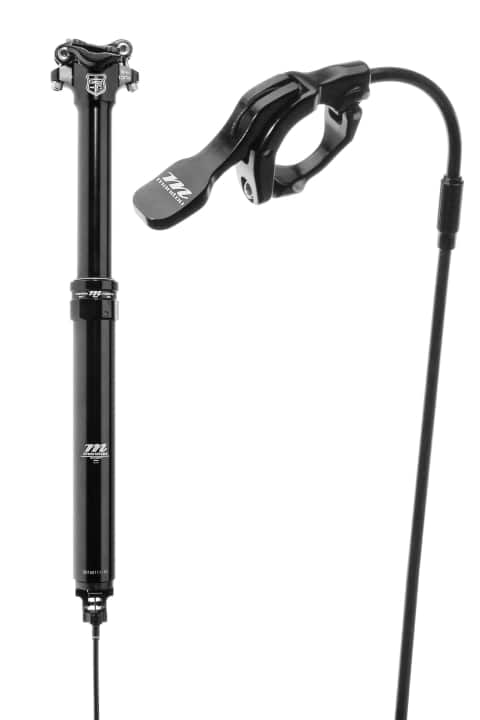   Die preiswerte Vario-Sattelstütze von Manitou setzt auf ein hydraulisches System mit mechanischer Bedienung. Der Daumenhebel liegt platzsparend neben dem Griff. Bei der Jack hat man die Wahl zwischen 30,9 oder 31,6 Millimetern Durchmesser und 125- oder 150-Millimeter-Absenkung. Einstellen und vergessen lautet das Motto der Manitou-Stütze.   Preis 340 Euro, Gewicht 520 Gramm.