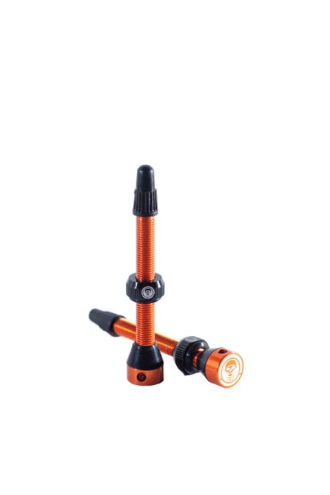   These tubeless valves in matching orange are included with the Tire Trooper.