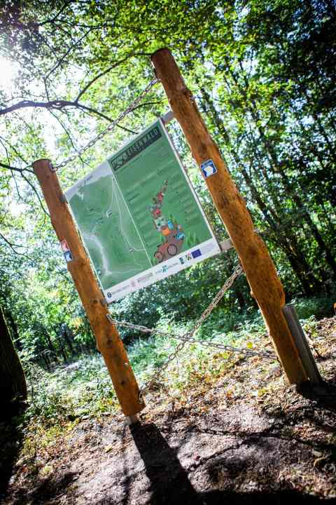   The board at the trail entrance to the Eisenwald trails: a result of the collaboration between the local MTB department, the city of Iserlohn and local businesses.