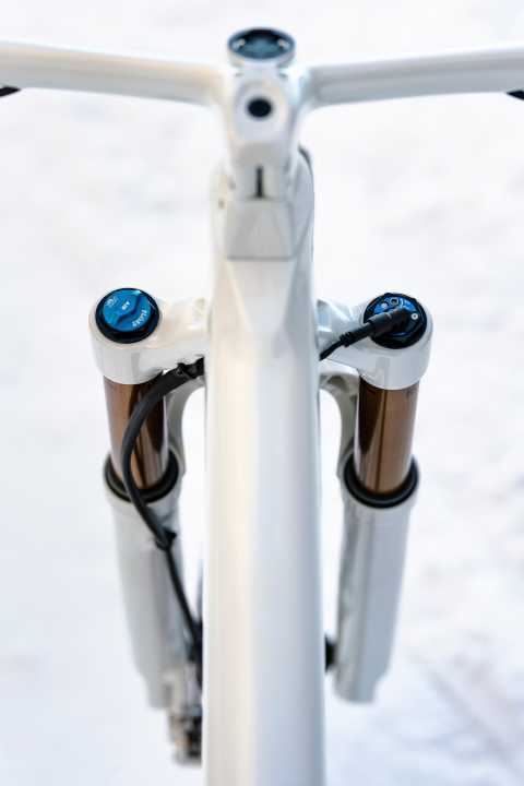   The front brake line and live valve cable run together along the left immersion tube to the brake calliper.