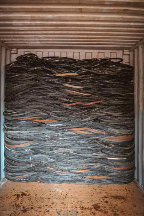 Old tyres up to the roof. Just some of the 20,000 tyres collected by dealer Ingo Ruhland, which were picked up by logistics company Emona.