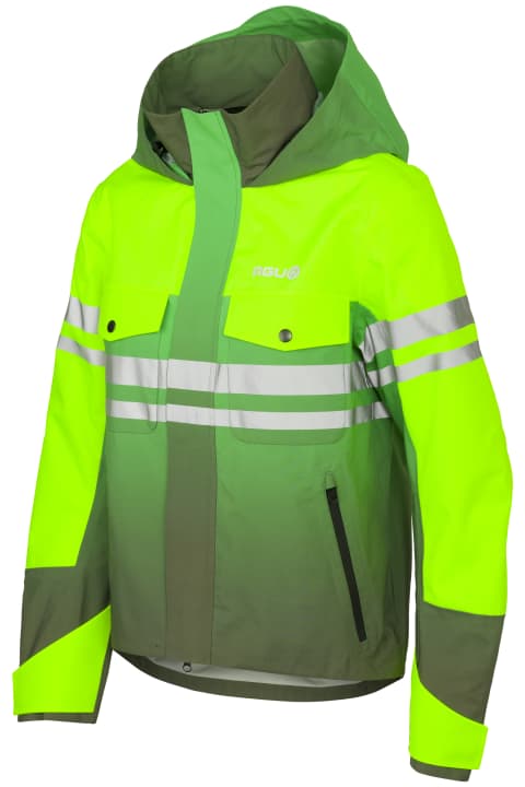 The jacket comes in bright green, with a high collar and generous hood.
