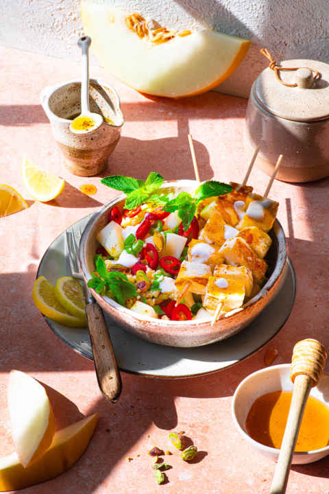 The couscous bowl tastes even more like summer with a little melon.