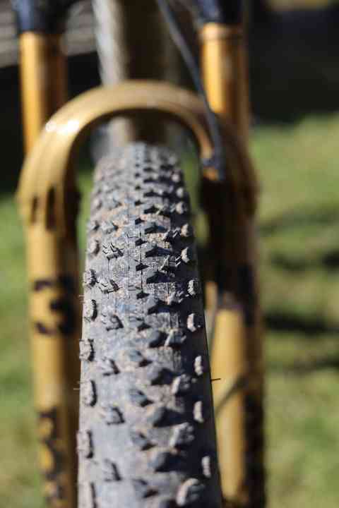 Specialized uses different rubber compounds for the tread and side lugs on its cross-country tyres, here on the Fast Trak. The compromise between smooth running and grip works.
