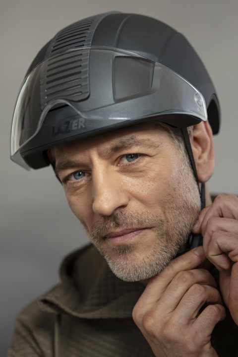 The visor on the Lazer Nova KinetiCore can be moved into four positions. Goggles also fit underneath.