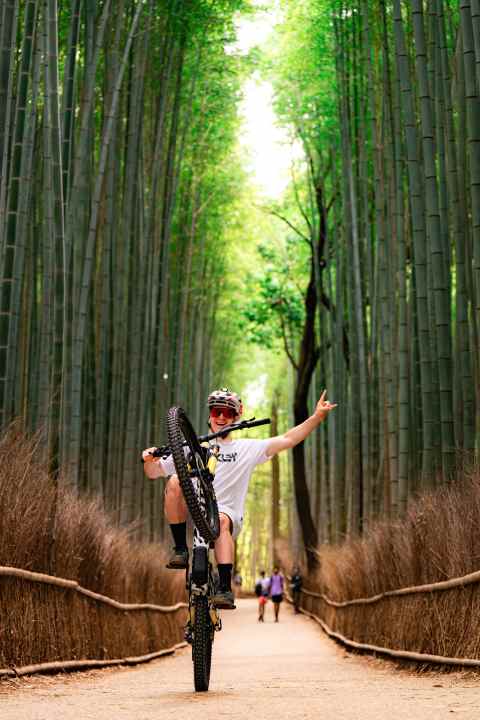 One-handed wheelie in the bamboo forest.