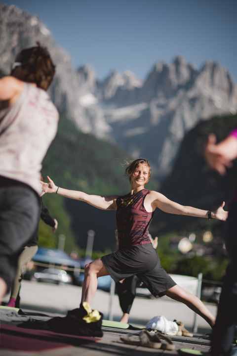 A successful start to the day. Yoga in front of a fantastic Dolomite backdrop.