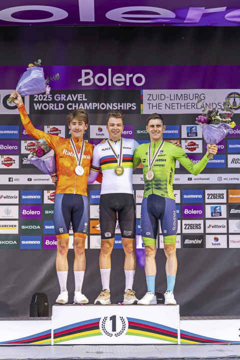 The men's medallists (from left): Frits Biesterbos (silver), Florian Vermeersch (gold) and Matej Mohorič (bronze)