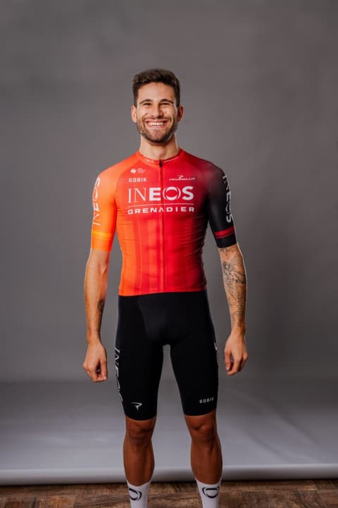 The new Ineos Grenadiers kit for the 2024 season, worn by Filippo Ganna