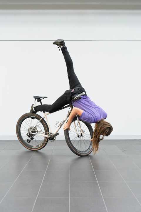 Li, from King Fabrications, demonstrates her acrobatic skills at the photo shoot.
