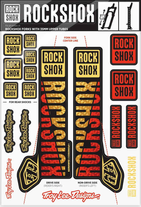   Design macht nicht schneller. Aber besser auszusehen schadet ja nicht. Deswegen gibt's das zum Lenker passende Decal-Kit für die Federelemente bei der Colab-Serie von Troy Lee Designs gleich mit dazu. Hier das passende Kit für den rot-goldenen Carbonlenker.