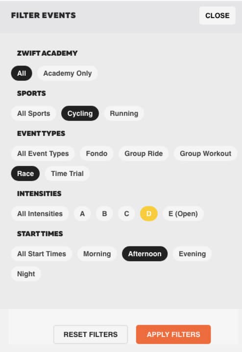   You can use the filter function to determine the performance level of your opponents and the time of the race.