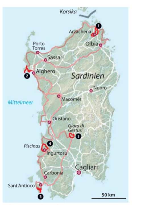 Sardinien: In Rot, die Fahrradtouren. In Orange, die Wohnmobil-Route