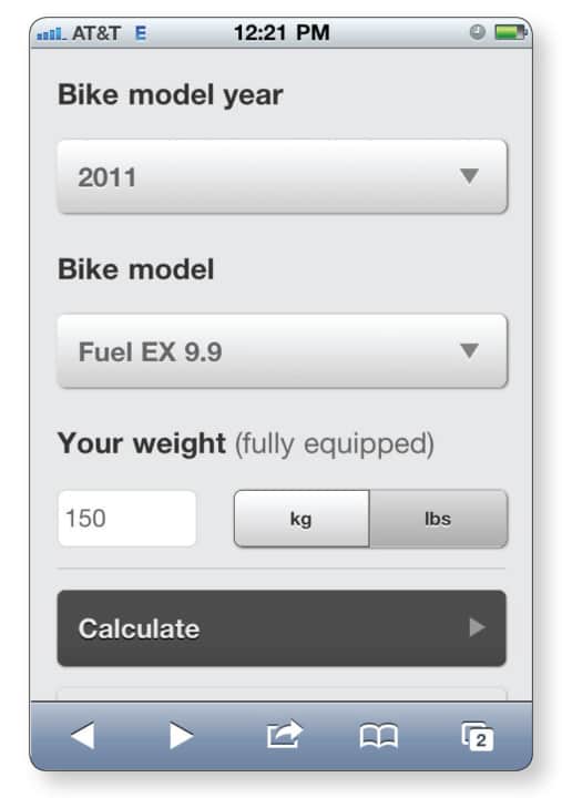   So sieht der Suspension Calculator von Trek auf einem Smartphone aus.