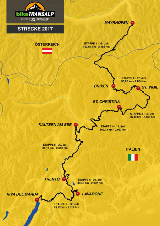   Knapp 540 Kilometer, über 18000 Höhenmeter: die Strecke der BIKE Transalp 2017 führt durch altbekanntes Gebiet und neue Gefiilde.