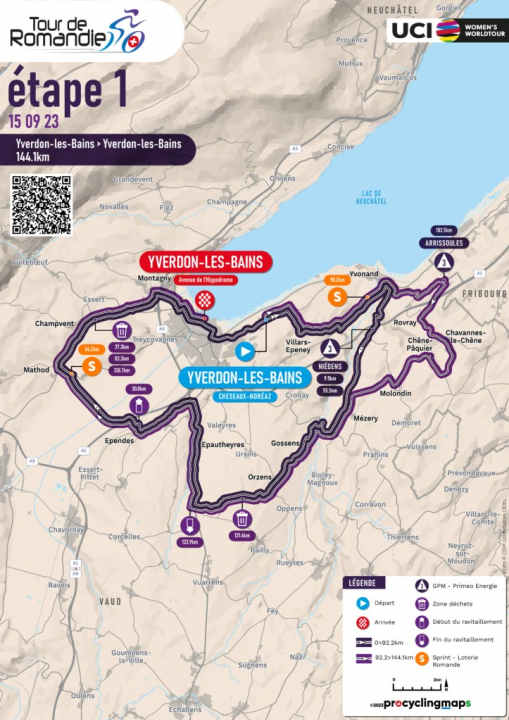 Lors de la 1ère étape, le départ et l'arrivée sont à Yveron-les-Bains. Entre les deux, il y a deux tours similaires, mais pas identiques, et 144,1 kilomètres.