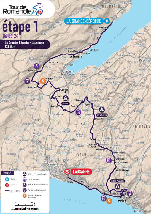 Die 1. Etappe der Tour de Romandie 2024 auf der Karte