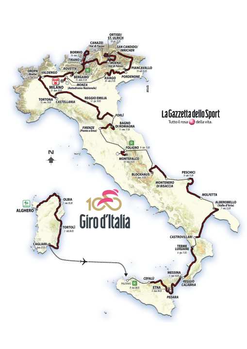   From Alghero to Milan - the route of the Giro 2017 at a glance.