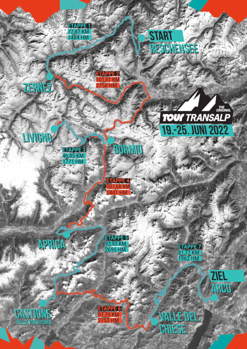 The route of the TOUR Transalp 2022 at a glance