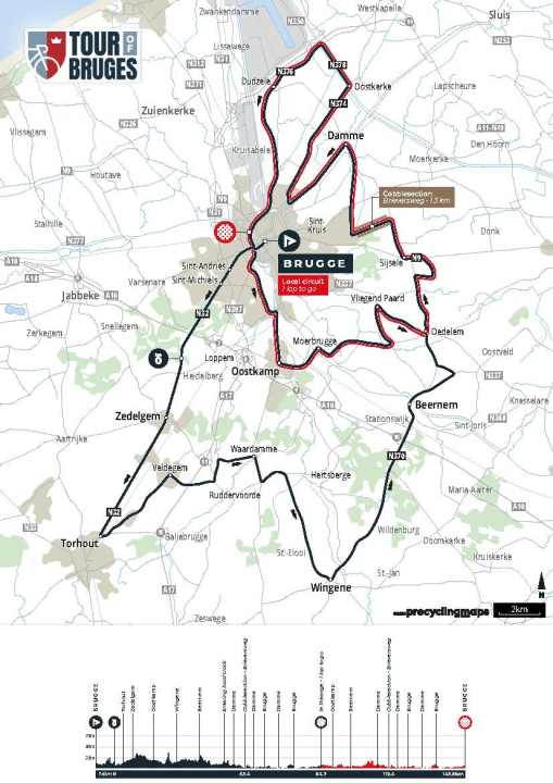 This is the route of the women's race of the Ronde van Brugge. The men ride the same route, but one more lap on the final circuit