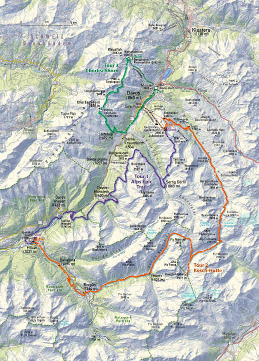 All four days of touring around Davos Klosters at a glance. You should plan another two days for the freeride descents in Klosters.