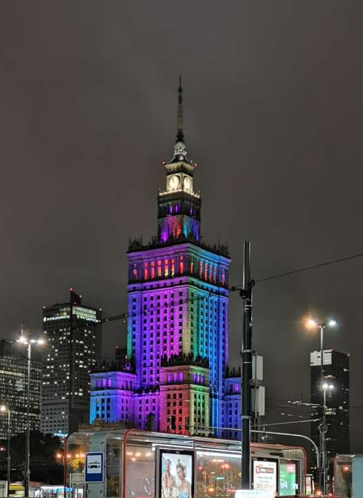 Play of colours: The Palace of Culture in Warsaw's city centre lights up at night.